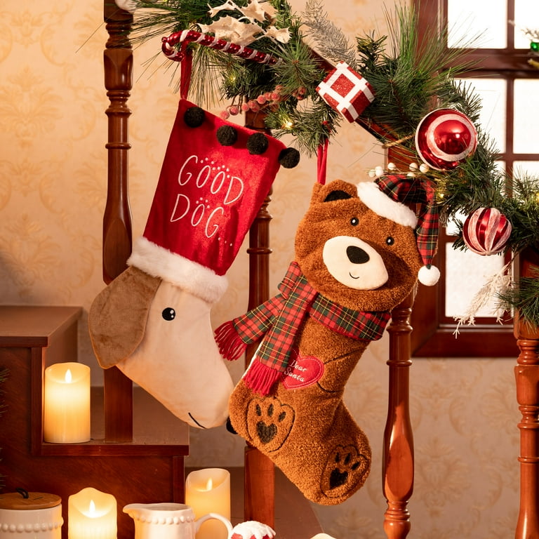 Valery Madelyn 21" Christmas Stockings, Brown Bear Hanging Stockings Santa Hat Plaid Scarf Family Holiday Christmas Party D