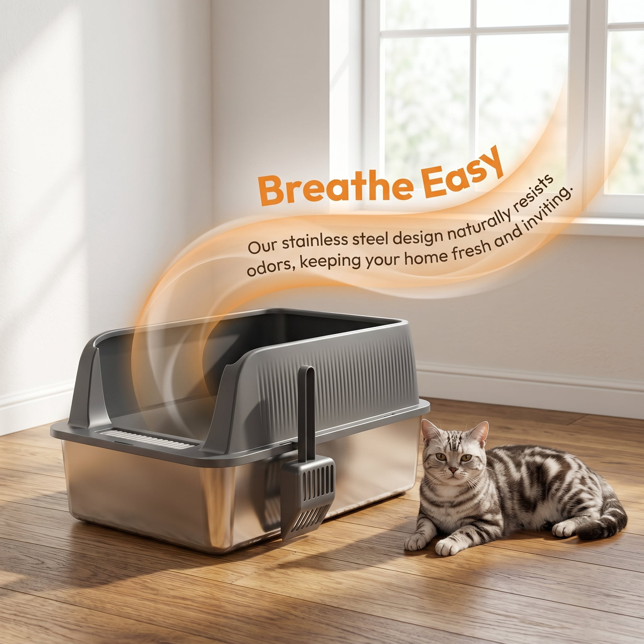 Stainless Steel Cat Litter Box with High Sides, Leak-Proof, Odor-Resistant, Easy to Clean, Includes Litter Scoop for Indoor Cats