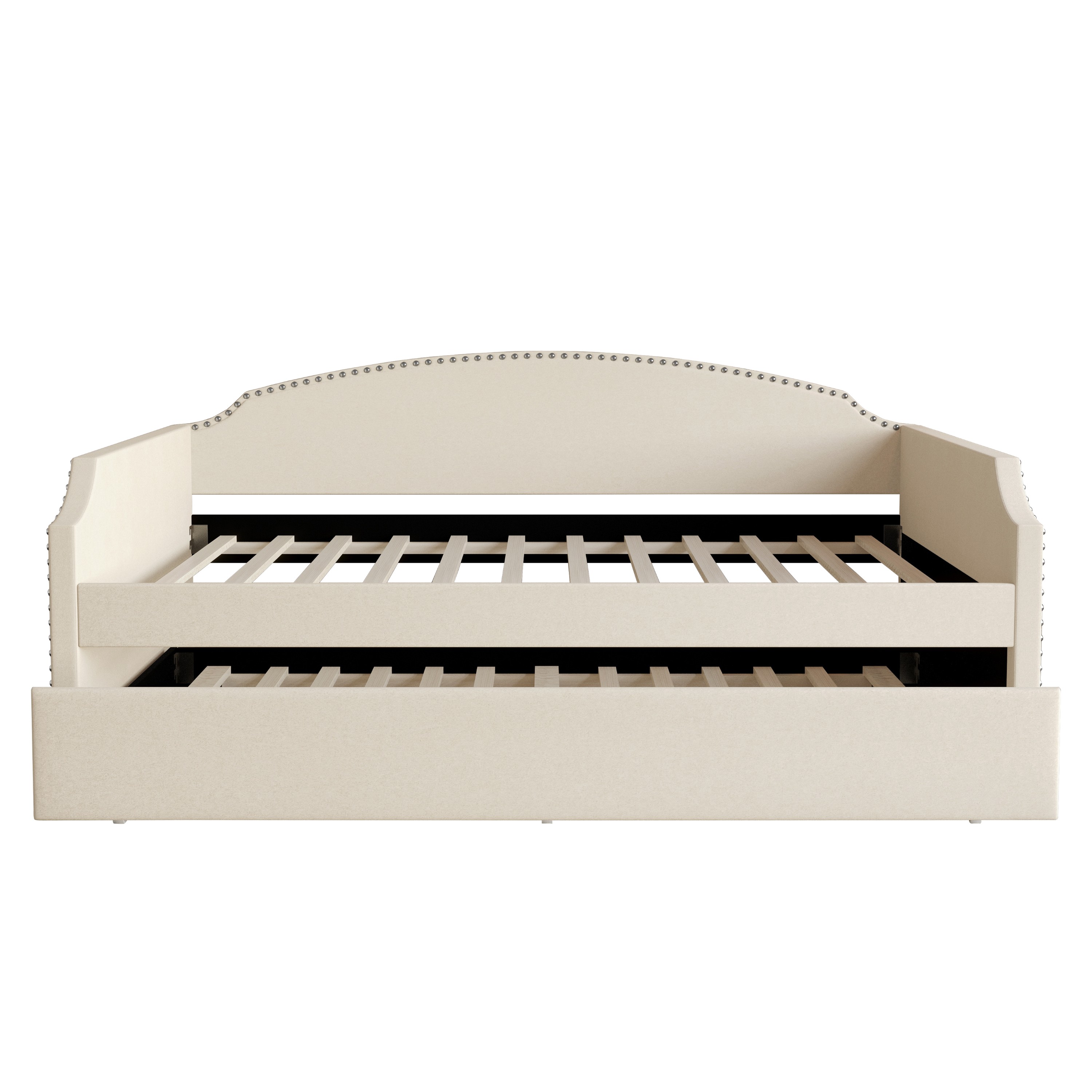 Home Design Kilgore Twin Daybed, Beige Velvet, Scooped Backrest, Chrome Nailhead Trim, Foam Padding, Pull-Out Trundle for Stylish Seating & Sleeping