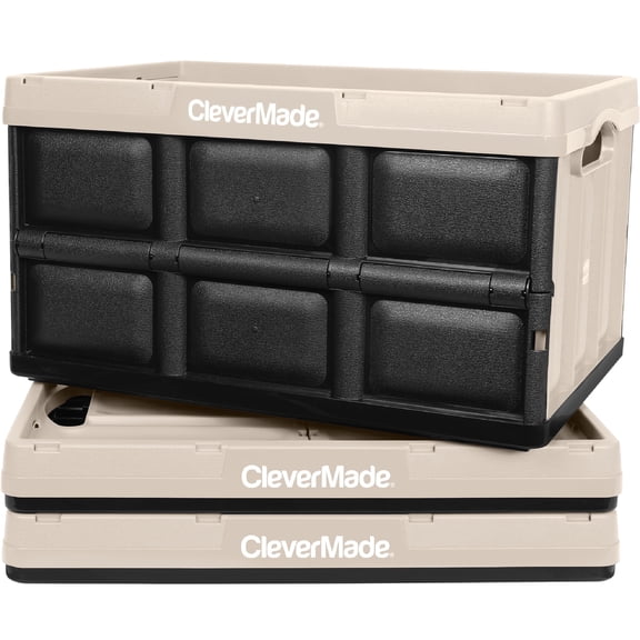 CleverMade Collapsible 12 Gal Plastic Storage Bin No Lid, Tan, 3 Pack