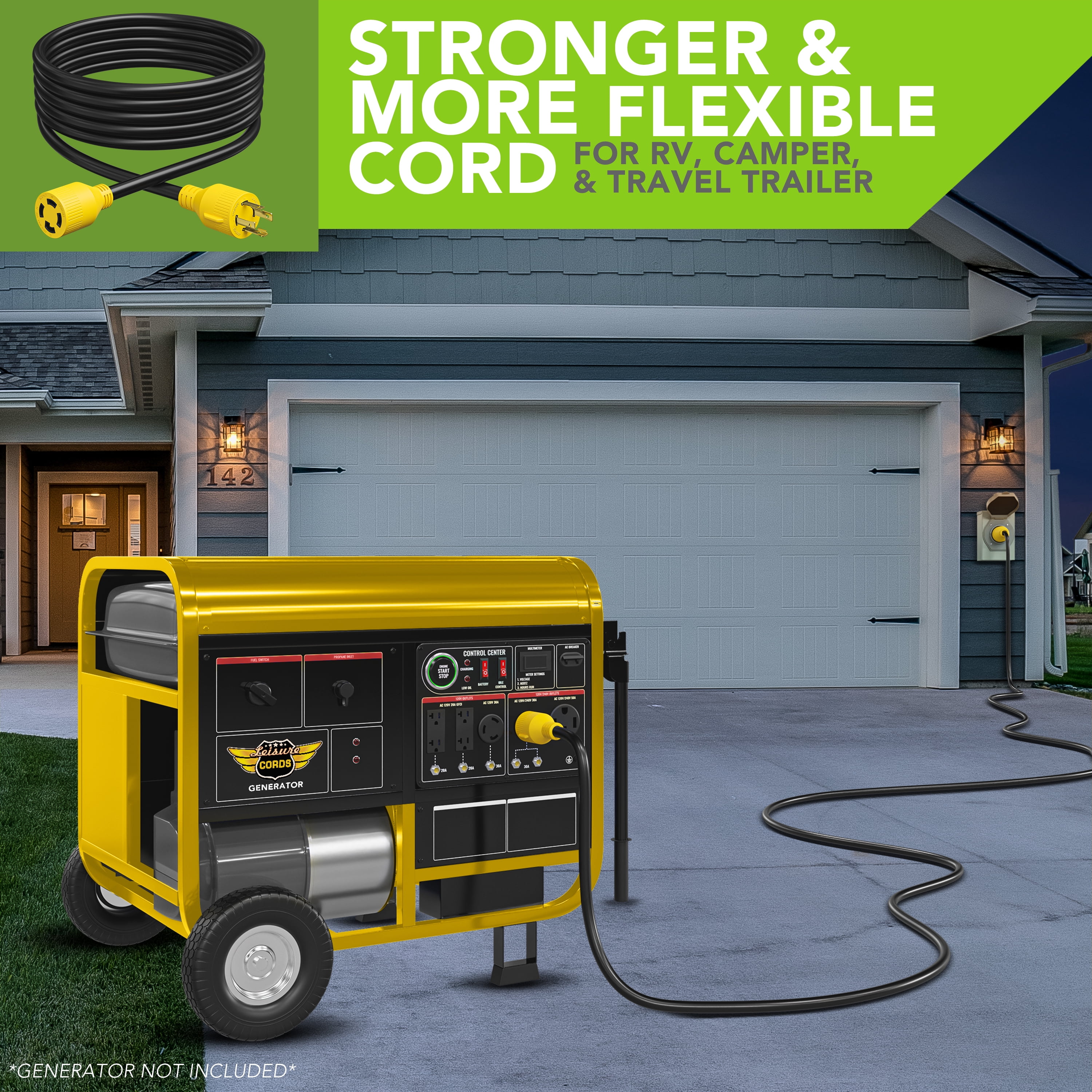 Leisure Cords 15' Cord Power Cable, Black with Yellow Ends