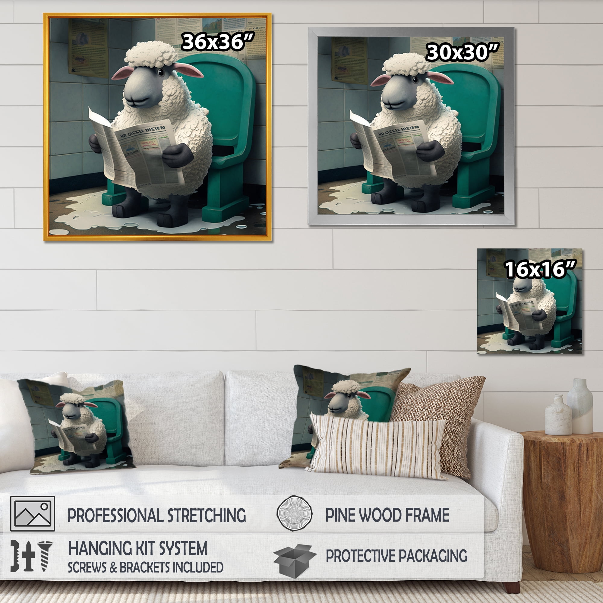 Designart Sheep Sittong On Toilet Reading Newspaper Canvas Wall Art