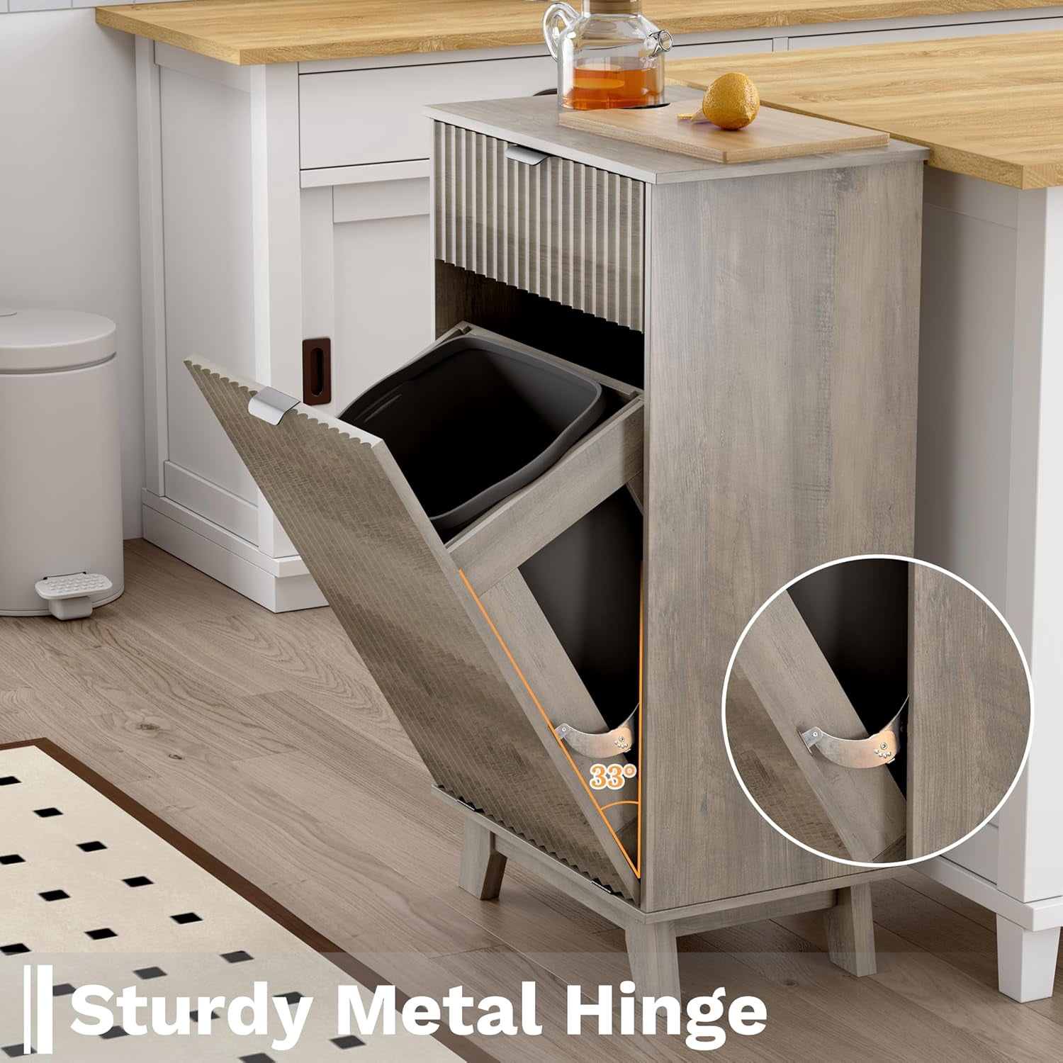 FANRAL Single Tilt Out Laundry Hamper Cabinet,10 Gallon Wooden Hidden Storage Cabinet,Fluted Trash Can for Bathroom Kitchen Living Room,Gray Laundry Basket Cabinet