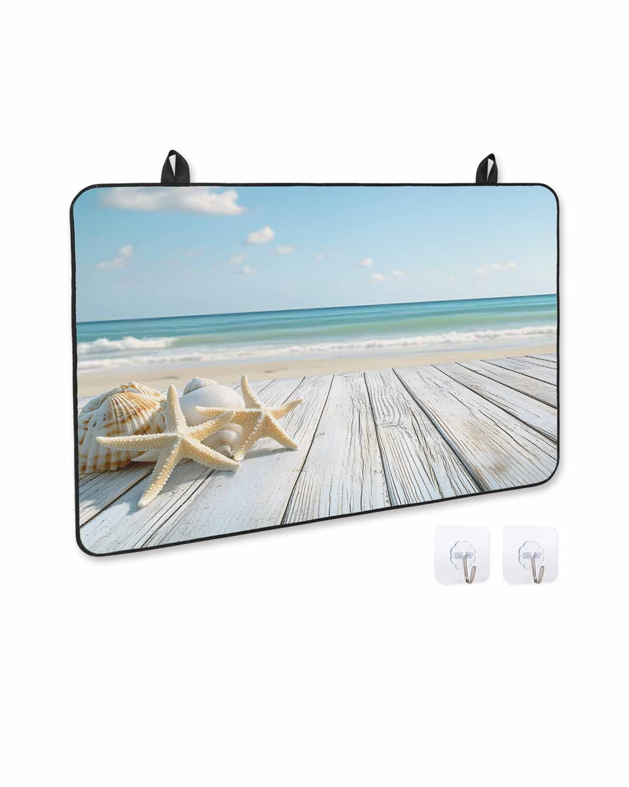 nqOlkjepod Large Induction Cooktop Protector Mat 36"x21", Summer Beach Stove Top Covers for Electric Stove, Ocean Coastal Starfish Seashells Blue Sky Stove Burner Cover Mats, Glass Top Stove Cover