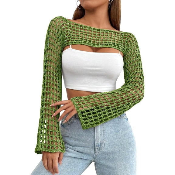 Women’s Cropped Knit Shrug Top Lightweight Bell Sleeve Summer Cover-Up, Soft Breathable Cropped Cardigan Shrug for Casual & Beach, Cropped Shrug Women