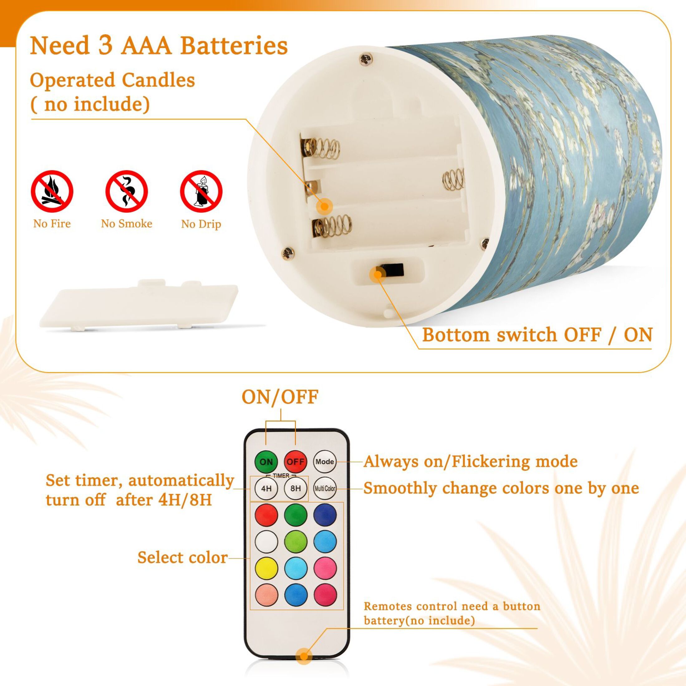 Almond Blossom Flickering Flameless Candles Battery Operated with Remote Timer LED Pillar Candles Set of 2