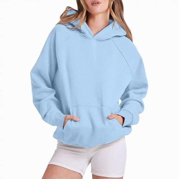 Women Blouses Dressy Casual Winter Fall Comfy Hooded Long Sleeve Bubble Off the Shoulder Hoody Solid Color Leisure Polyester Hoodies Sweatshirts(Light Blue,L)