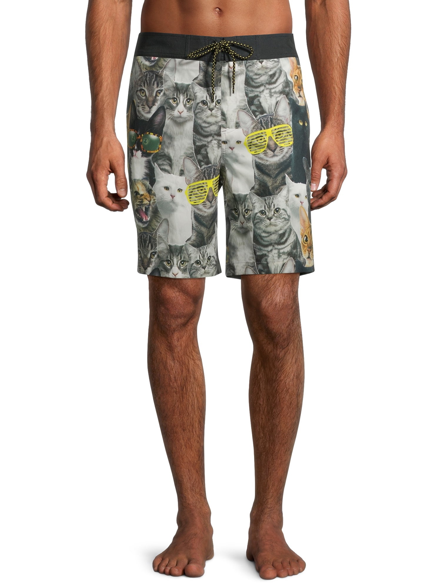 Men Swim Trunks Beach Shorts,Black Cat Silhouettes in Different Poses Domestic Pets Kitty Paws Tail and Whiskers