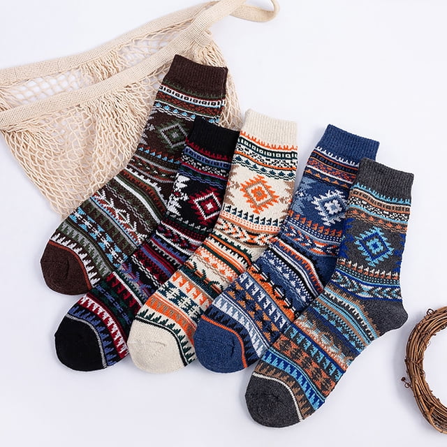 Ersazi Thin Socks 5Pairs Men Warm Winter Retro Print Thick Knit Cozy Middle Tube In Clearance One Size Black