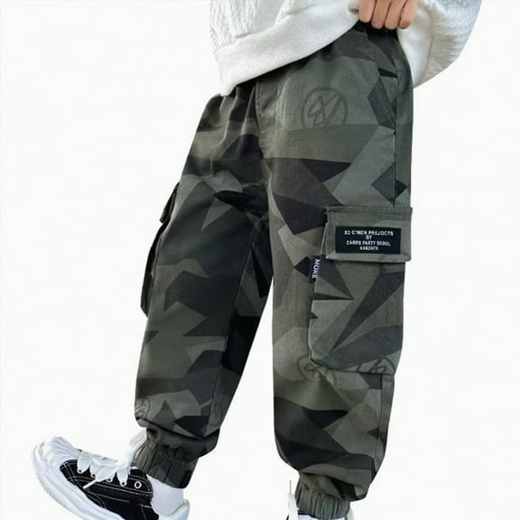 Hessimy Boys Cargo Pants With Pockets Casual Drawstring Cotton Relaxed Fit Full Long Girls Pants Street Dance Sports Pants (Camouflage,12-13 Years)
