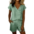 thumbnail image 2 of Mifsaly Short Sets for Women 2 Piece Vacation Short Sleeve V Neck Wrap Top and High Waisted Shorts with Pockets Lightweight Loose Casual Summer Linen Matching Outfits Green,XXL, 2 of 7