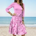 thumbnail image 2 of WTOBBY Women's Fashion Floral Print Belted Round Neck 3/4 Sleeve Dress, Casual Flowy Midi Sundress with Feminine Waist Accent,Light pink S, 2 of 5