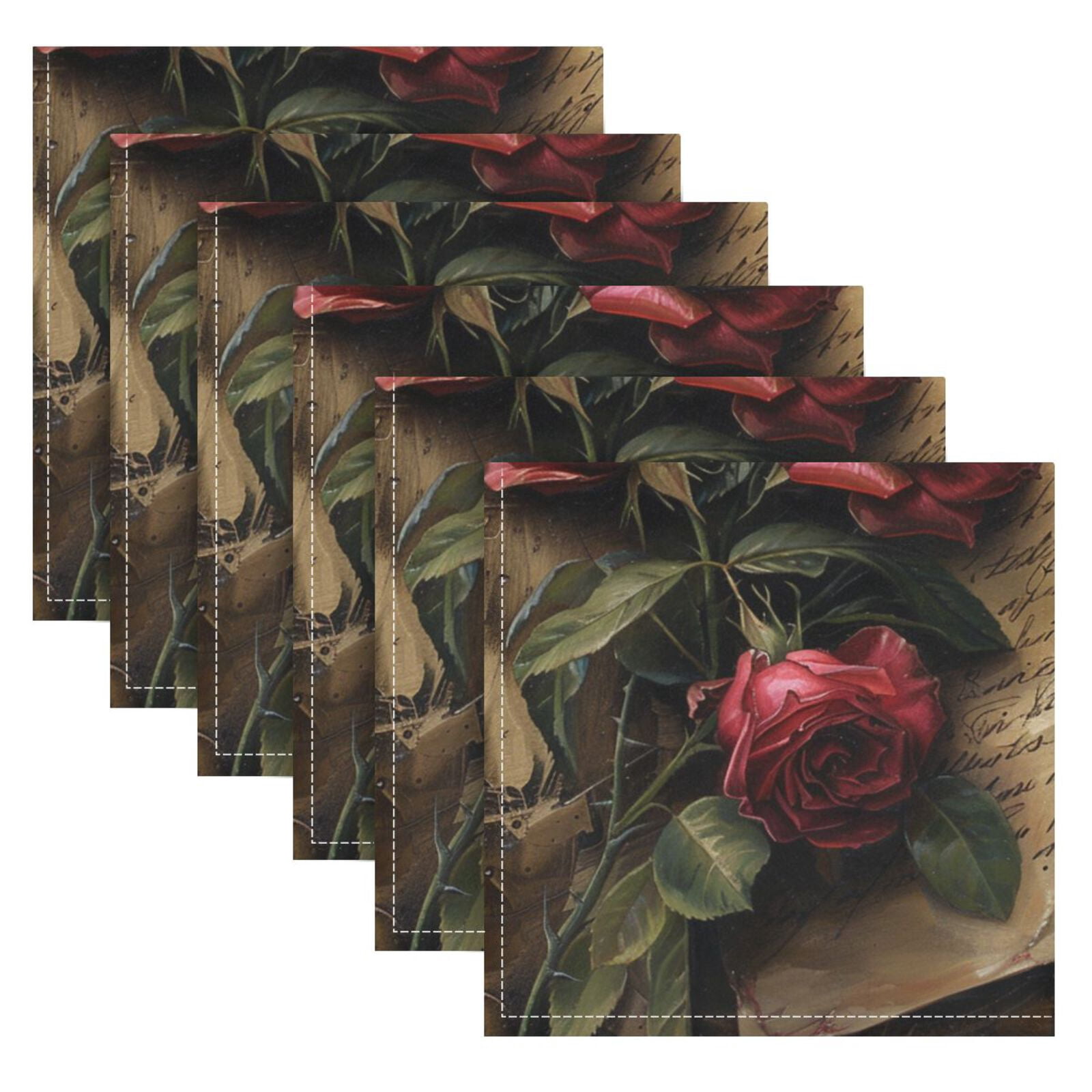 JSTEL Red Rose Pen Letter Cloth Napkins Set of 6, 20x20 Inch Washable and Reusable Napkin for Decoupage Dinner Party Everyday Use
