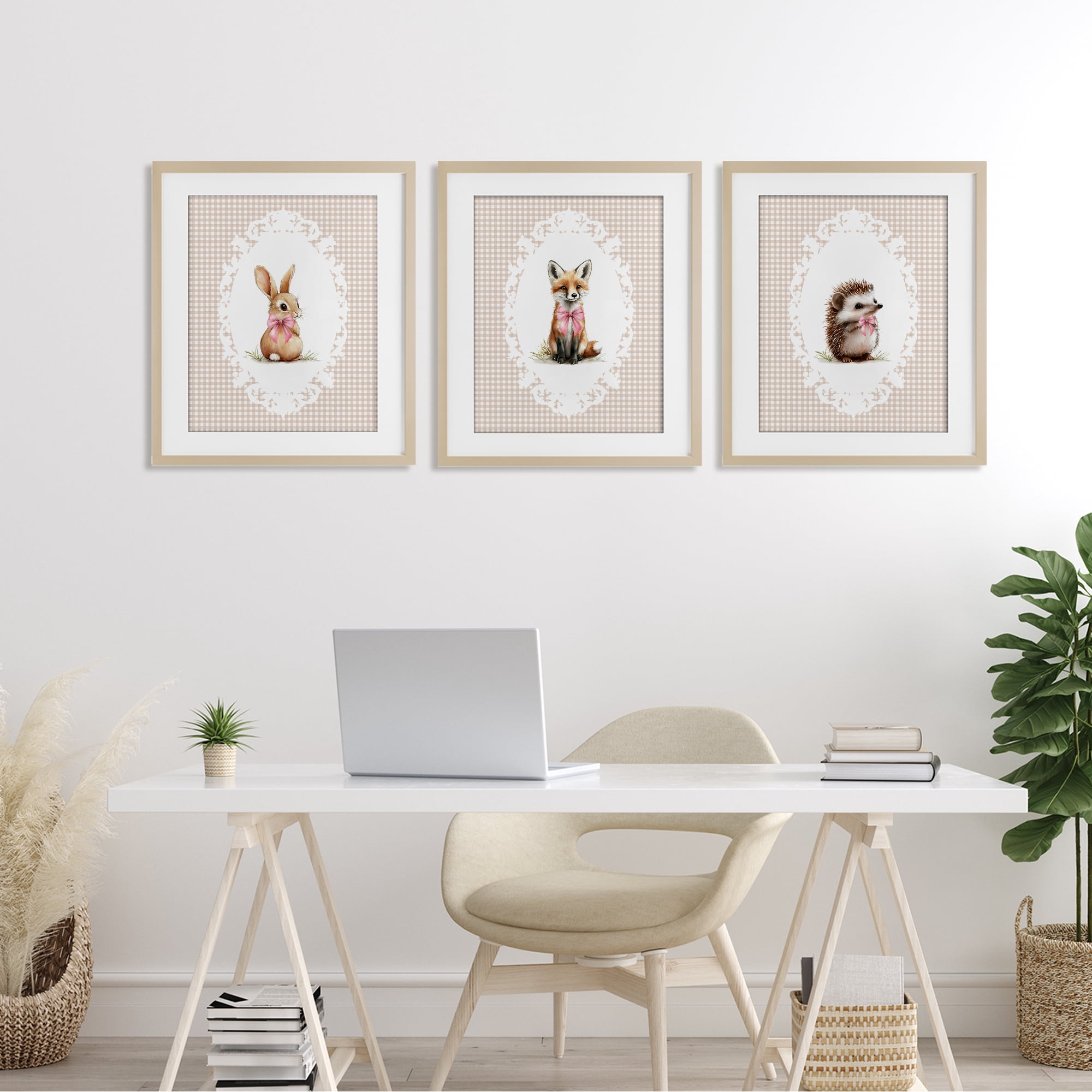 Stupell Industries Vintage Baby Bow Animals 3 Piece Birch Framed Print Under Glass Set, design by Christine Simpson Art