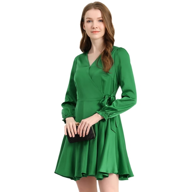 Mini vestido cruzado Allegra K de Satén con dobladillo con volantes y manga abullonada Verde L
