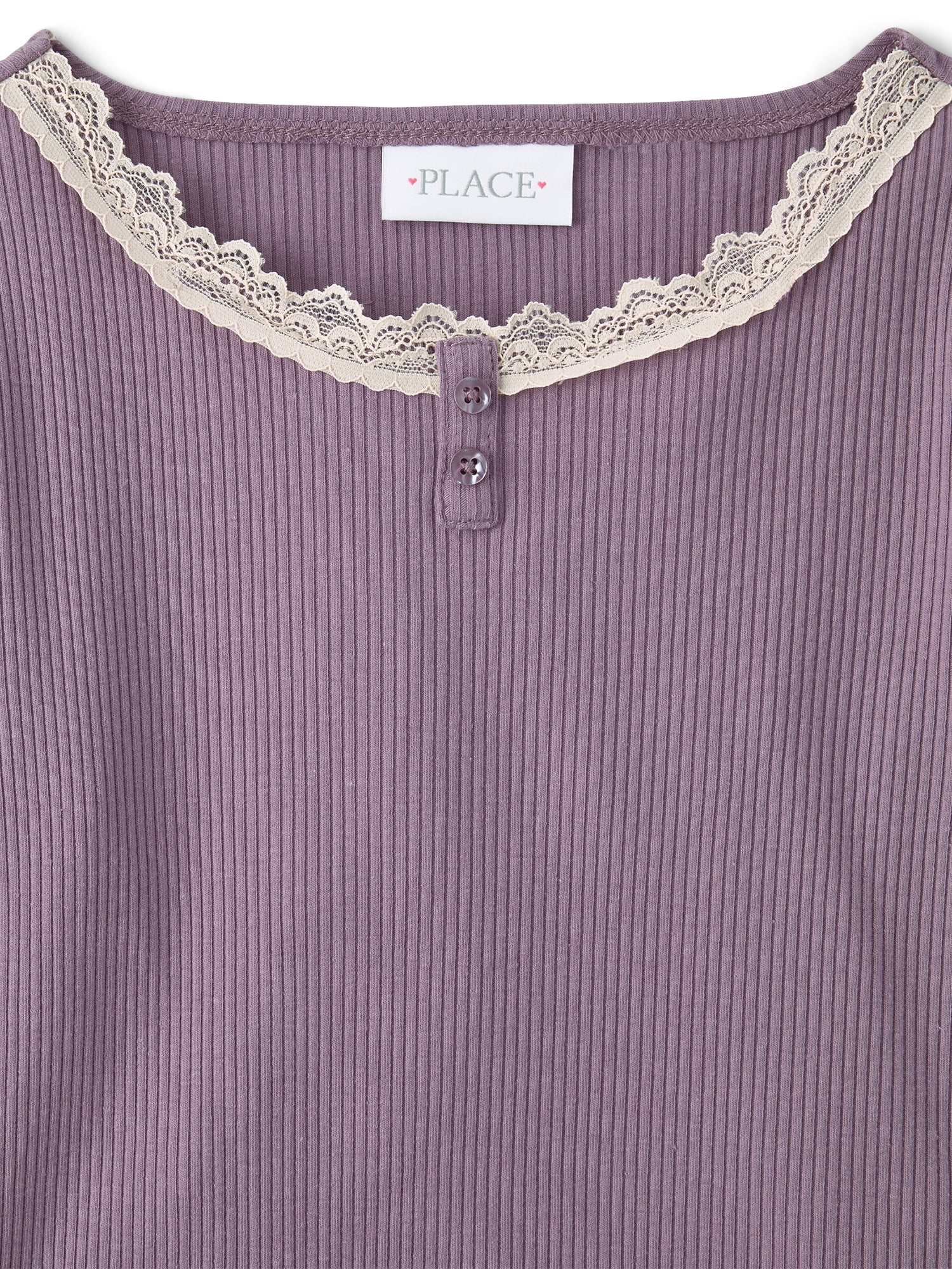 The Children's Place Girls Long Sleeve Lace Neck Ribbed Henley Top, Sizes XS-XXL