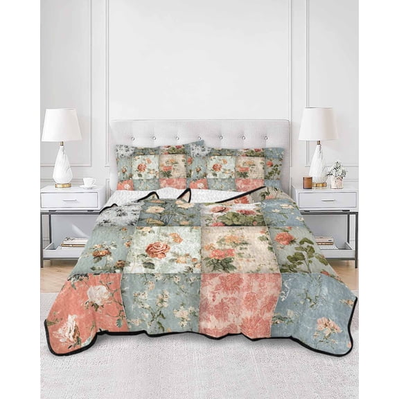 Quilts Twin XL Size, Elegant Spring Floral Soft Comforter Bedding Set for Bed, Farmhouse Summer Botanical Plaid Lightweight Quilted Bedspread with Pillow Cover(2 Pieces) for All Season, 68x98 Inch