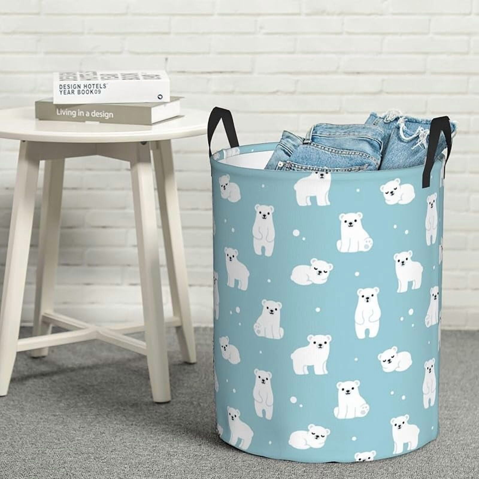 Cute Cartoon Polar Bears Round Laundry Hamper Storage Basket Toys Clothes Organizer Bin For Home Bathroom Bedroom Dorm Nursery