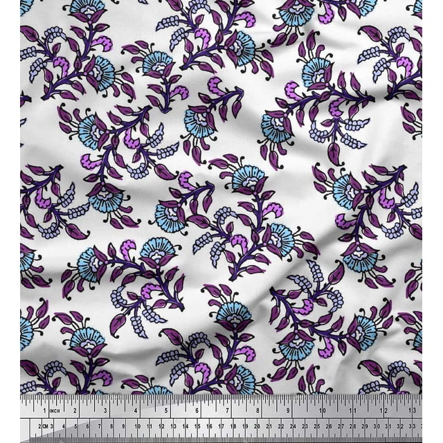 Soimoi Rayon Fabric Leaves & Floral Block Print Fabric by Yard 42 Inch Wide