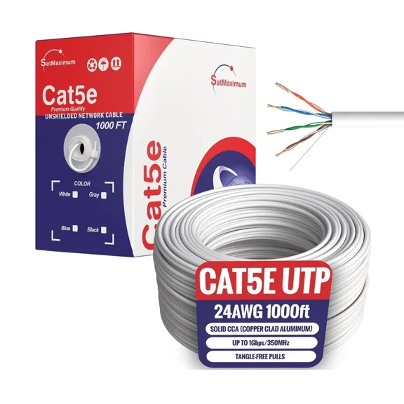 Cat5e Ethernet Cable 1000ft Bulk Pull Box, Solid 24AWG UTP LAN Network Wire, Copper Clad Aluminum (CCA), White, Cables Direct Online