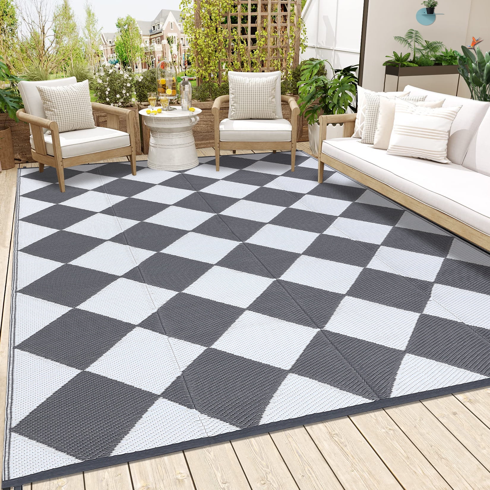 HOMERRY Geometric Plaid Outdoor Rug Straw Plastic Area Rug for Balcony Pool RV Waterproof Reversible Carpet, White/Gray, 9'x 18'