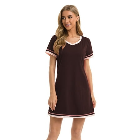 

FEREMO Sleepwear Cotton Sleep Shirt Color Contrast Short Sleeve Dress Home Wear