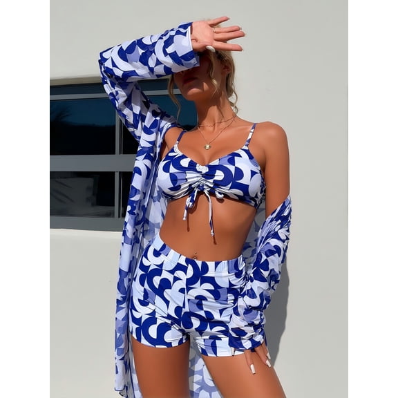 Women's 3 Piece Swimsuit Set, Blue Geometric Print Drawstring Bikini with Cover Up