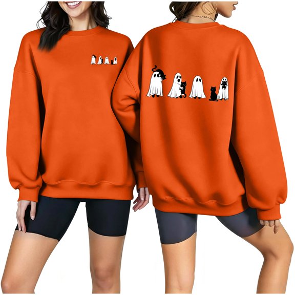 KEGIRLOM Oversized Halloween Sweaters for Women, Black Cat, Ghost, Pumpkin Print, Long Sleeve, Crew Neck, Halloween Outfits Orange