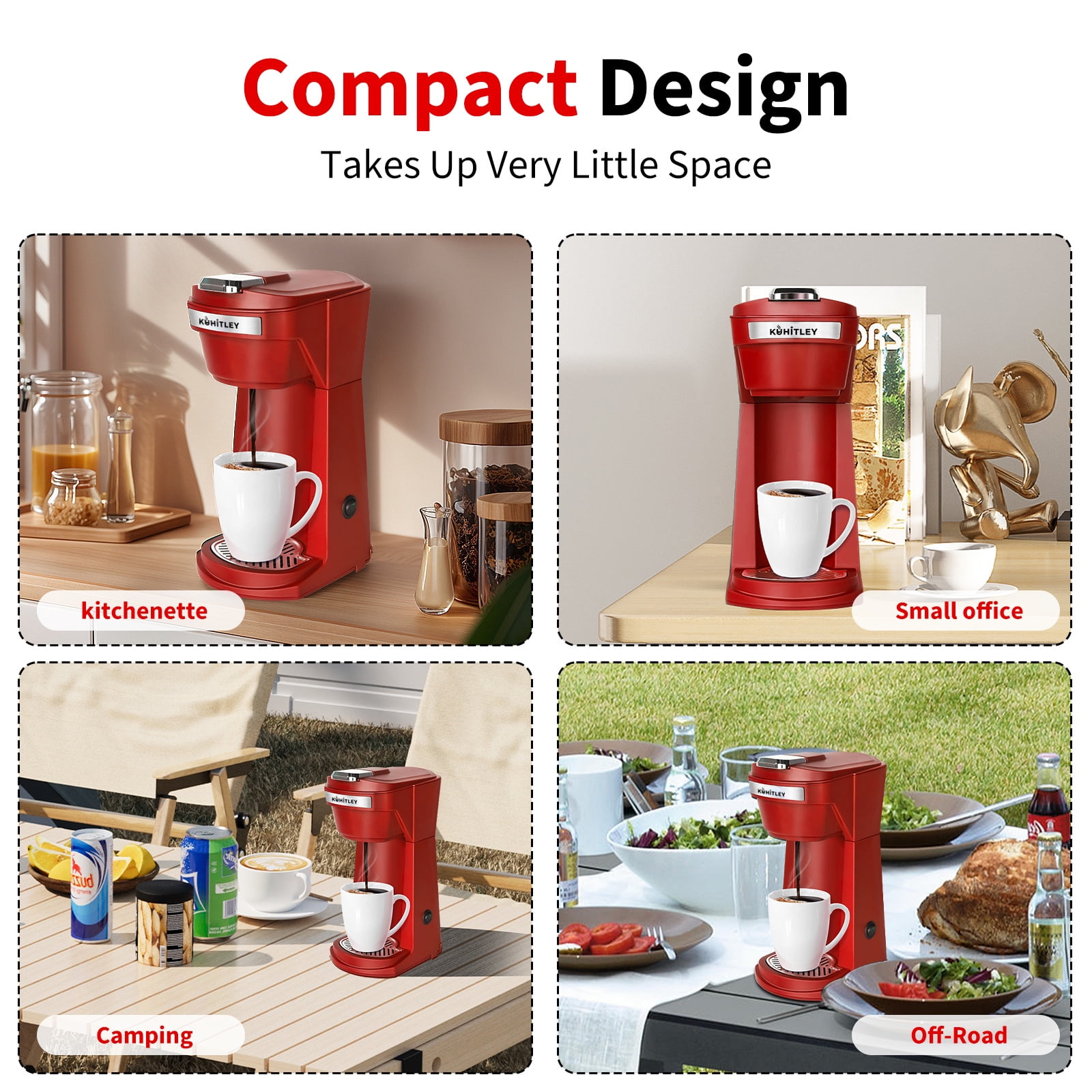 2 in 1 Single Serve Coffee Maker for K Cup Pods & Ground Coffee, Mini K Cup Coffee Machine with 6 to 14 oz Brew Sizes, Single Cup Coffee Brewer with One-Press Fast Brewing, Reusable Filters,Red