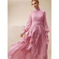 thumbnail image 5 of Womens Pink Elegant High Neck Long Sleeve Pleated Maxi Dress With Ruched, 5 of 6