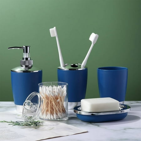 iMucci Soap Dispenser and Toothbrush Holder Lotion Bottle Modern Home Navy Blue Bathroom Accessories Set of 5 Wash Kit