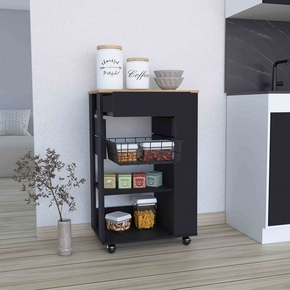 Kitchen Islands Blosson Kitchen Cart, One Drawer, Two Open Shelves, Four Casters -Black / Light Oak,Kitchen Carts