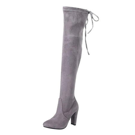

Ediodpoh Foreign Trade New Plus Size Long Boots for Women High Heeled Pointed Over The Knee Boots Rear Lace up Boots Booties for Women Grey 6.5
