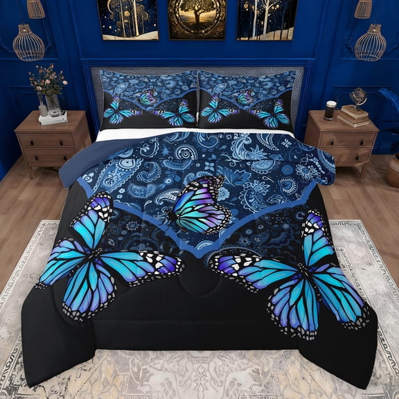 Feelyou Dreamy Blue Butterfly Bedding Comforter Set, Western Bohemian Paisley Twin Comforter Sets, Vintage Damask Flower Reversible Bedding Set, Breathable Home Decor, 2-Piece