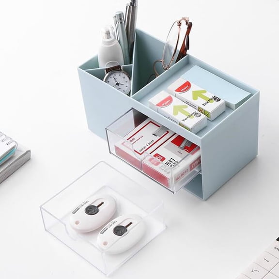 Desktop Storage Organizer with 2 Drawers, White, Multi-Compartment Box for Makeup, Office Supplies and Accessories
