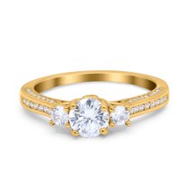 Yellow Tone, Simulated Cubic Zirconia Size-10 Three Stone Vintage Art Deco Engagement Bridal Ring 925 Sterling Silver