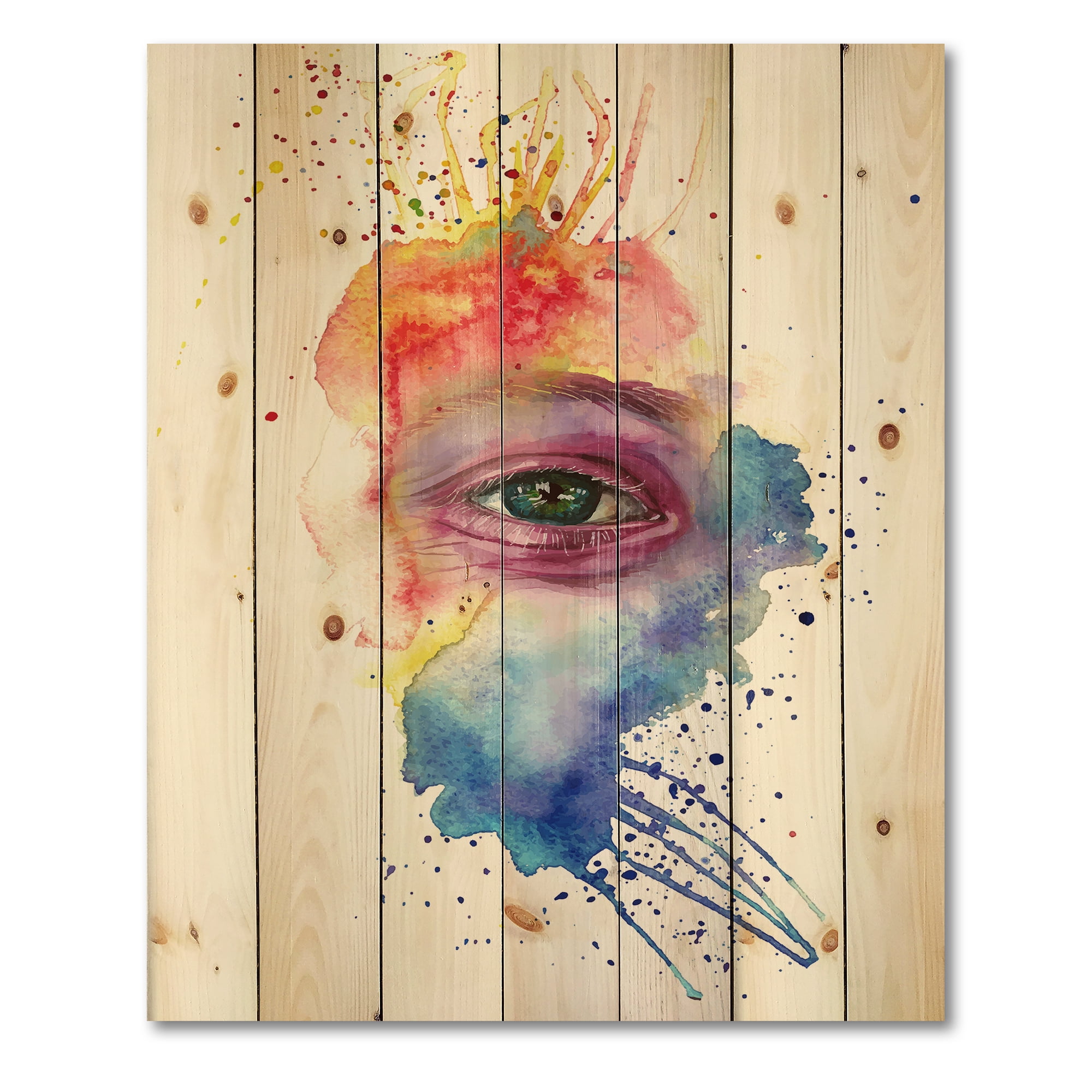 Designart 'Detail of Eye In Rainbow-Colored Face Portrait' Bohemian & Eclectic Print on Natural Pine Wood
