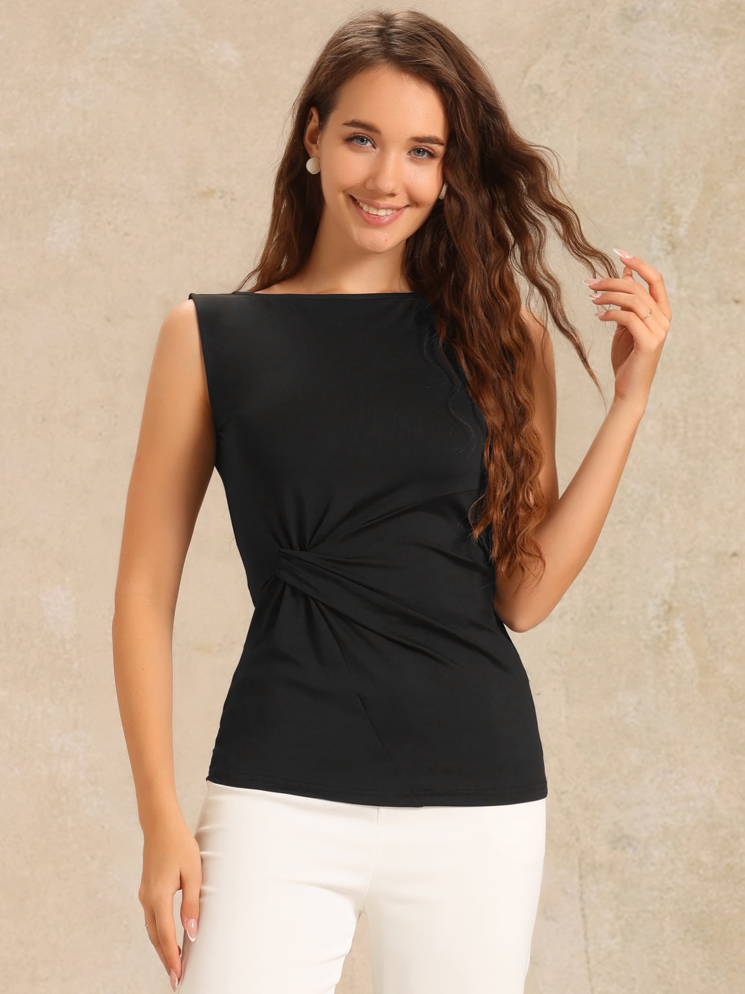 DARING DIVA Women's Front Twist Knot Tops Round Neck Sleeveless Top XS Black