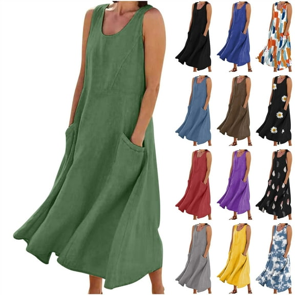 BiZtdJrK Maxi Dresses for Women 2025 Sleeveless Cotton Linen Summer Dress with Pockets Casual Flowy Boho Beach Vacation Sundress Army Green XXL Sales for Today on Walmart