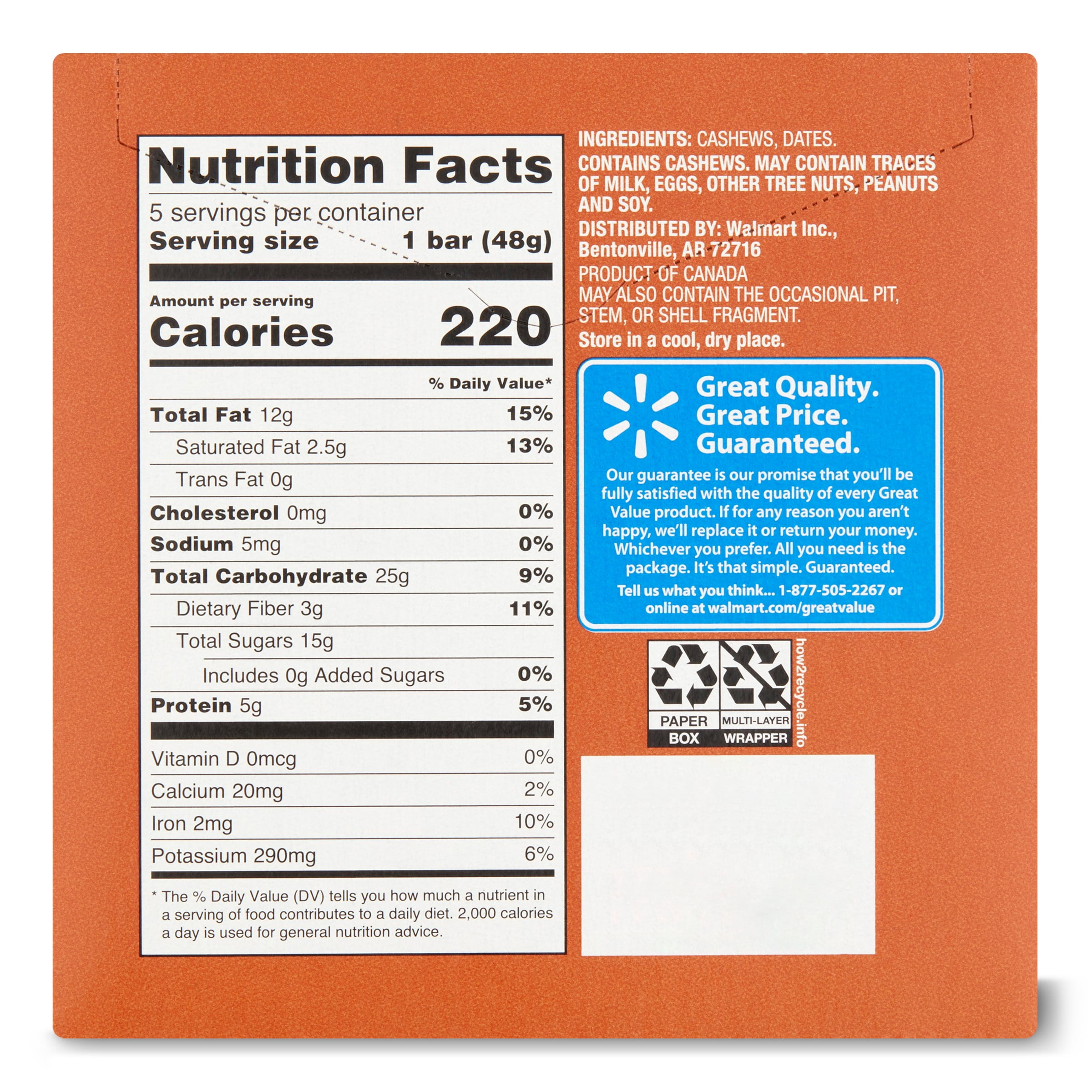 Great Value Cashew Cookie Date & Nut Bars, 8.5 oz, 5 Count