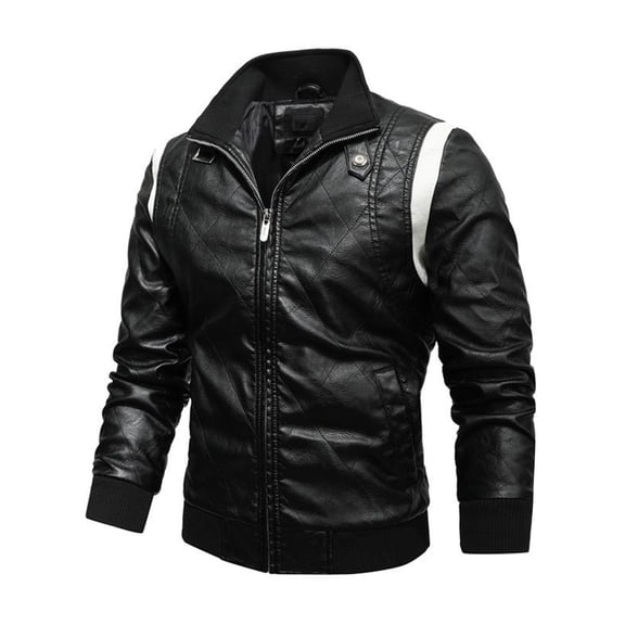 Men's Leather Stand Collar Motorcycle Colorblock Jacket, Black, Size L