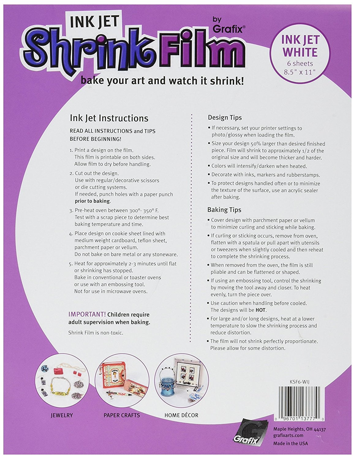 Printable White Inkjet, Grafix KSF6-WIJ 8-1//2-Inch by 11-Inch Shrink Film