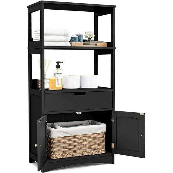 RONG-3 Large Bathroom Floor Cabinet, Freestanding Multipurpose Storage Cabinet with Drawer, 2 Open Shelves and Cupboard, Excellent for Bathroom, Kitchen or Living Room, 24 x 13 x 48 inches (Black)