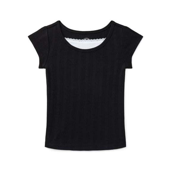 Wonder Nation Girls Pointelle Lace Top with Short Sleeves, Sizes 4-18, Plus