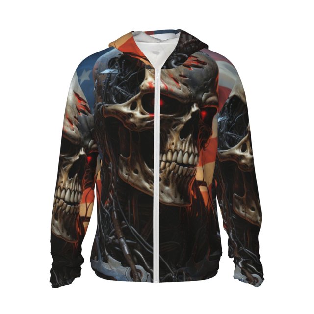 Fotbe Cyberpunk Skull American Flag Chaqueta con Protección Solar UPF 50+ para Hombre y Mujer, Camisa con Capucha y Bolsillos-XX-Large