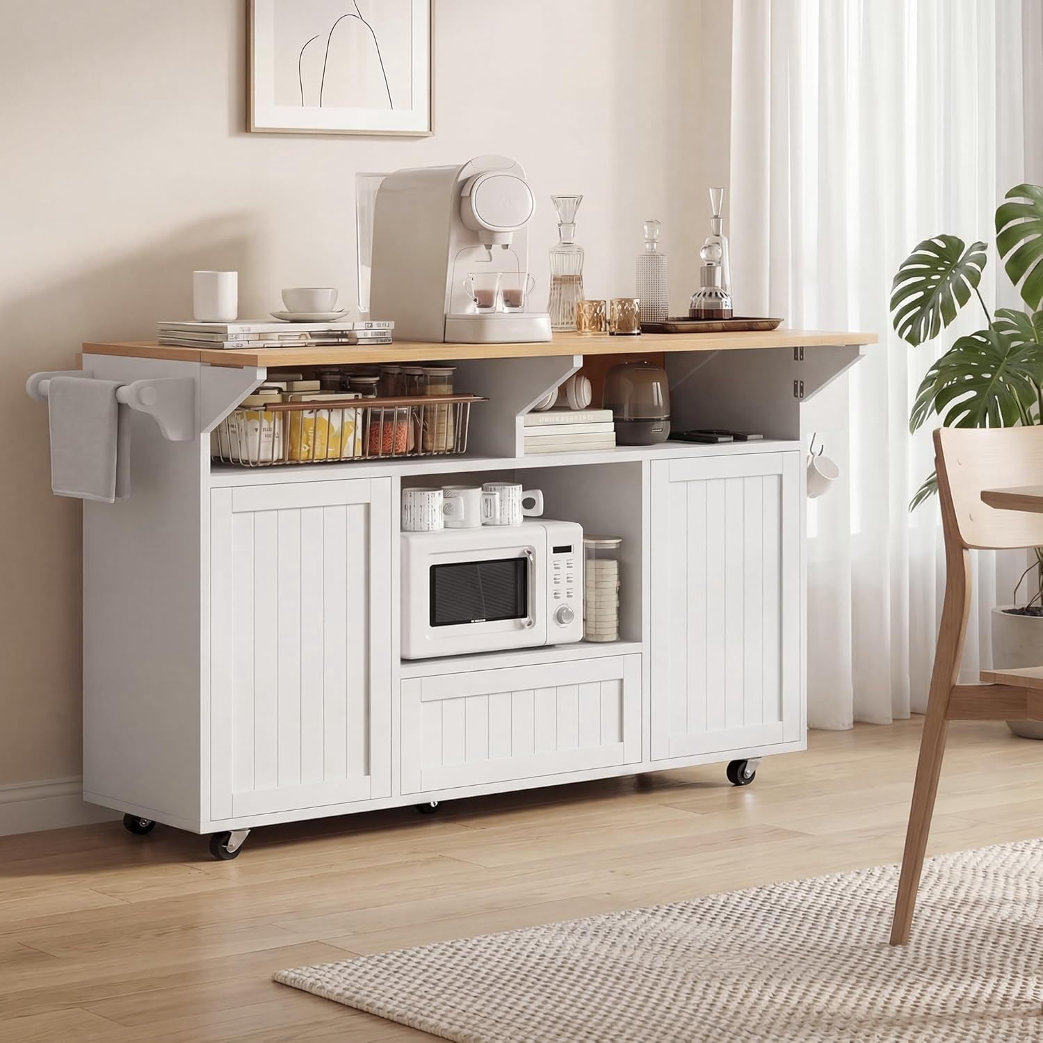 55" Movable Kitchen Island with Drop Leaf and Power Outlet, Rolling Kitchen Cart with Trash Storage Cabinet,White