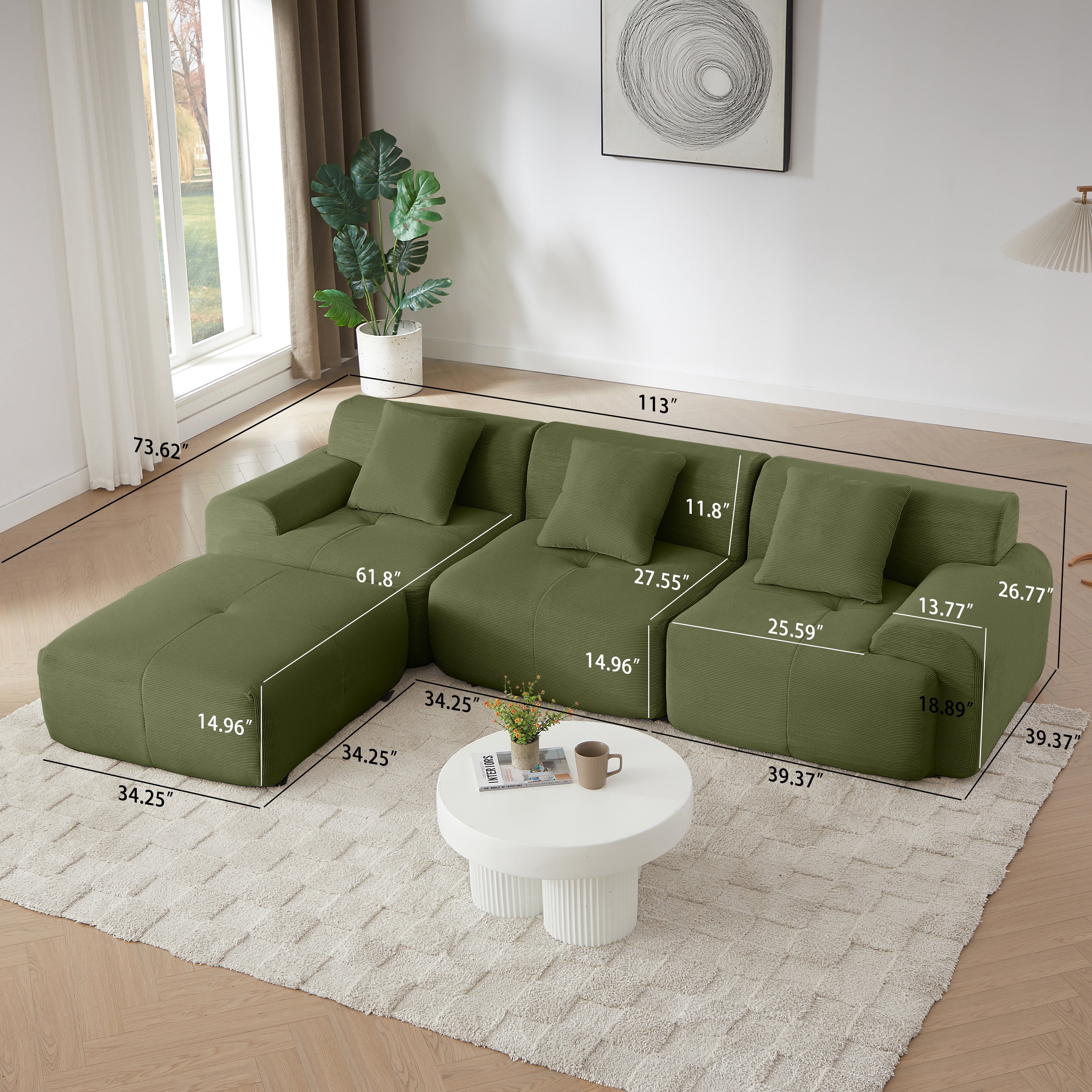 113" L-Shaped Modular Sectional Sofa Corduroy Upholstery 3-Seater Couch with Ottoman – No Assembly