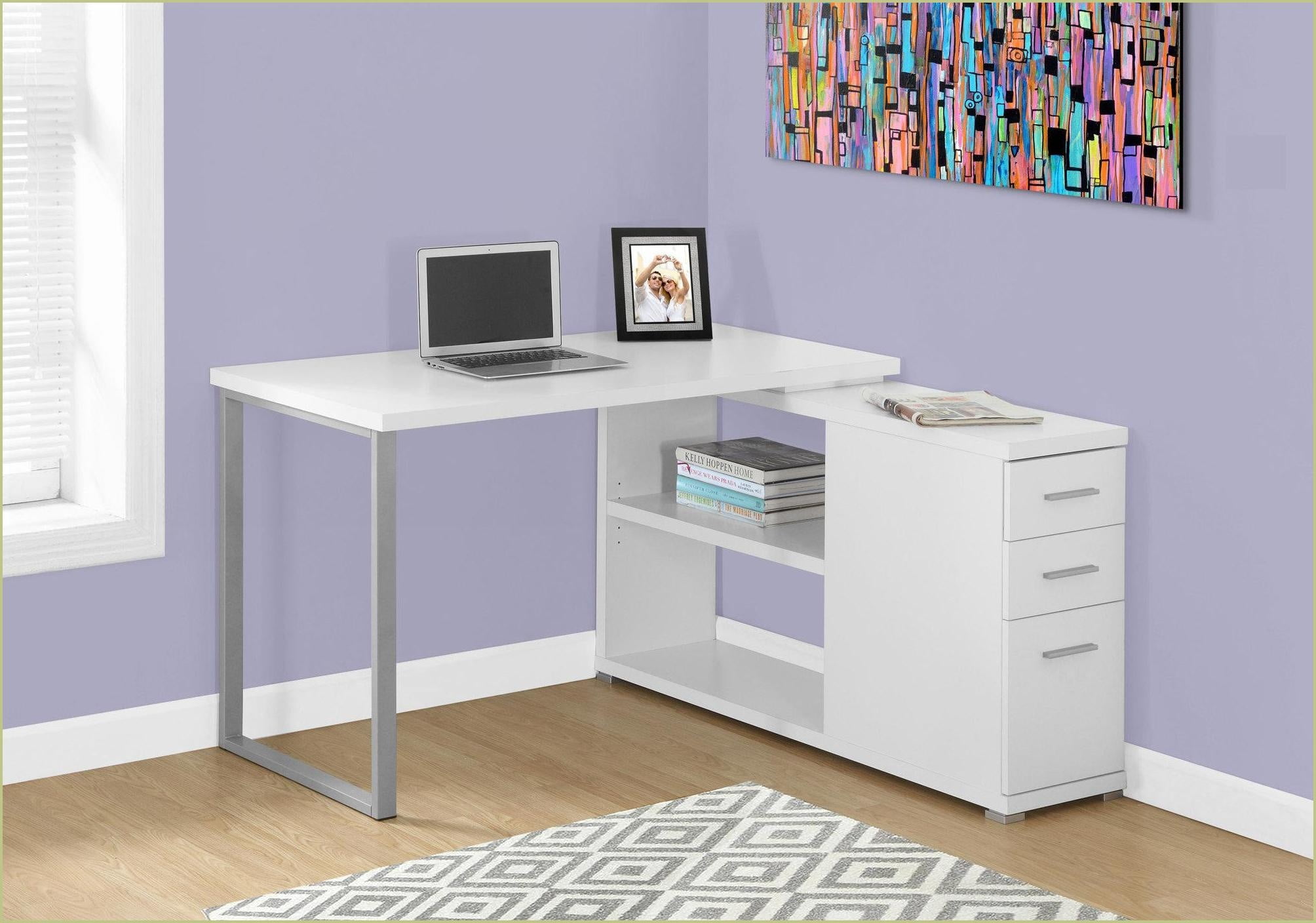 Desks, L-Shaped Corner Home Office Desk - Left/Right Setup, Storage Drawers, Modern White Laminate Grey Metal | White | Particle Board