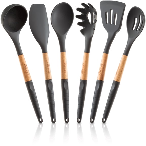 6 Pcs Cookward Silicone Cooking Utensils Set-Natural Wood Kitchen Utensils – Eco Friendly & BPA Free, Non-Scratch & Non-Stick Easy Grip -Dark gray