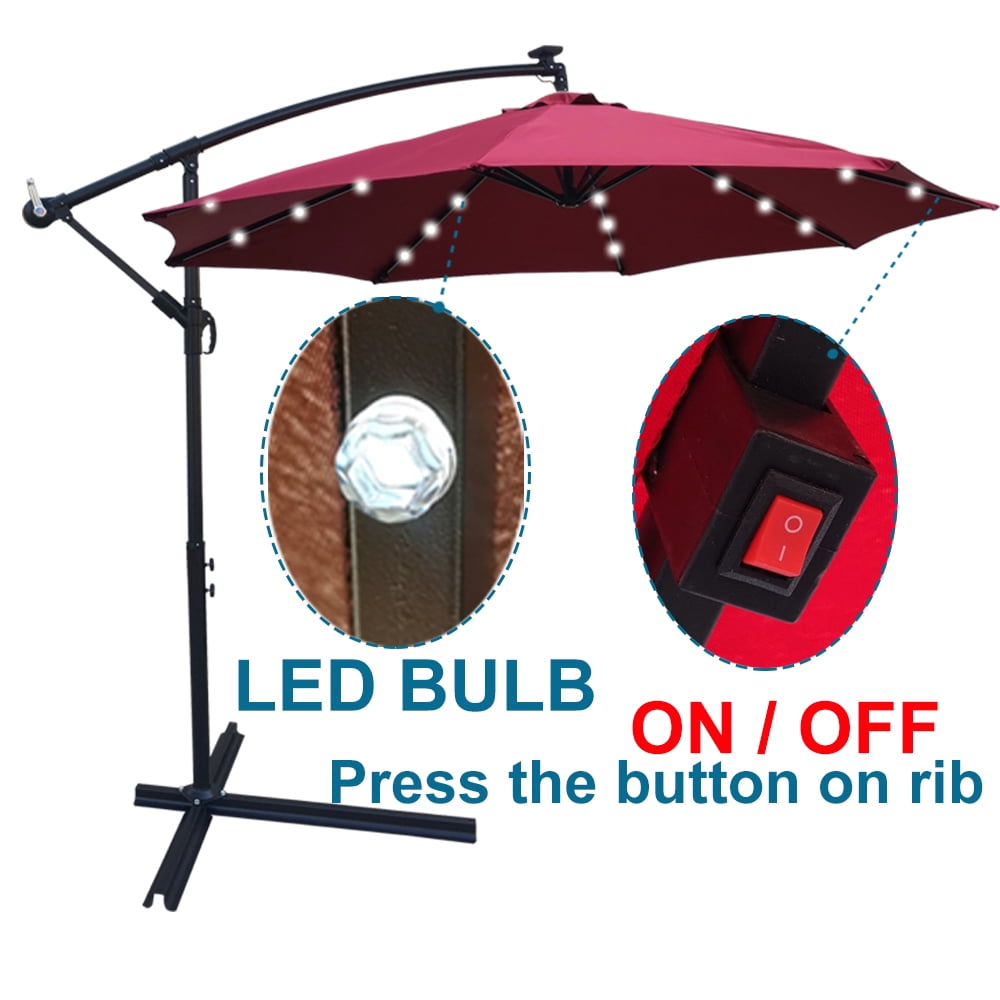 Aukfa 10ft Patio Solar LED Lighted Outdoor Umbrellas with Cross Base for Market Beach Pool - Wine